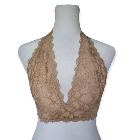Free People‎ Women's Galloon Lace Halter Bralette Size Small Nude Beige - Picture 1 of 10